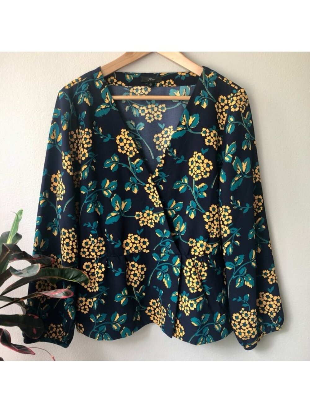 J. Crew Navy and Marigold Floral Crepe Top
